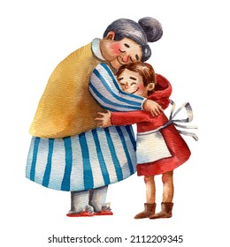 Little girl with grandma. Cute fairy tale characters. Little red ridding hood. Grandmother with granddaughter card. Family portrait. Cartoon characters. Family embrace. Watercolor illustration. - Powered by Shutterstock