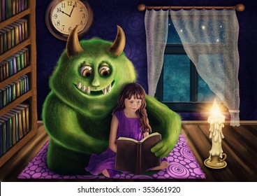 Little girl   green monster reading book