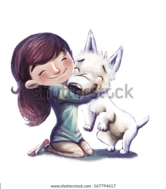 彼女の犬を抱きしめる少女 のイラスト素材