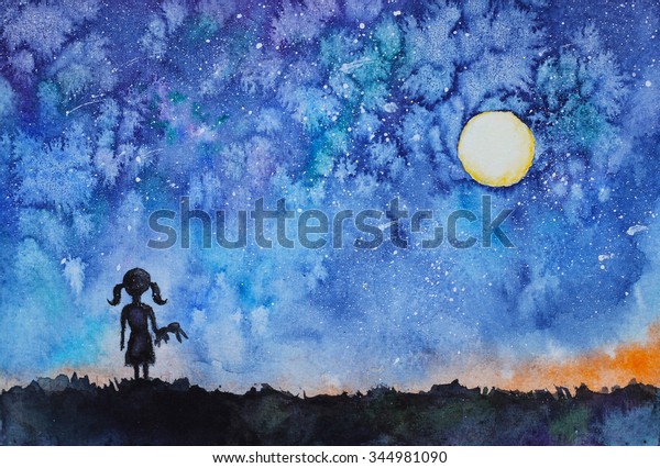 星のように星のような夜空を月で見ている少女 手描きの水彩 のイラスト素材