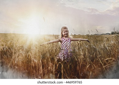 Little girl on a wheat field in the sunset. Color oil painting - Powered by Shutterstock