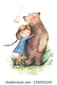 Little girl and pigtails   in blue dress hugs big bear  Watercolor illustration girl   bear  Cute girl   good bear  Girl   bear in the forest  