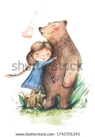 Little girl with pigtails and in a blue dress hugs a big bear. Watercolor illustration of a girl and a bear. Cute girl and good bear. Girl and bear in the forest. 