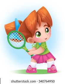 little girl plays tennis