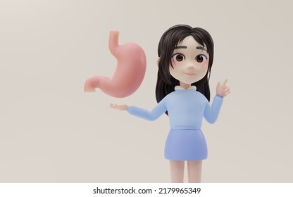 Little Girl Showing The Stomach Model With Cartoon Style, 3d Rendering. Computer Digital Drawing.