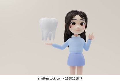 Little Girl Showing The Tooth Model With Cartoon Style, 3d Rendering. Computer Digital Drawing.