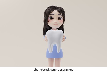 Little Girl Showing The Tooth Model With Cartoon Style, 3d Rendering. Computer Digital Drawing.