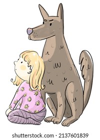 Little girl sitting on the floor in a pink pajamas with her true friend and bodyguard dog. Hand drawn cartoon illustration isolated on a white background.