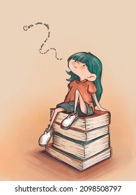 Little girl sitting stack books  saying 