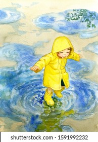 A little girl stepping in a puddle