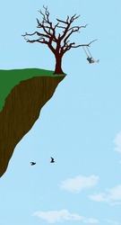A Little Girl Swings On A Tree Swing At The Edge Of A High Cliff In A 3-d Illustration.