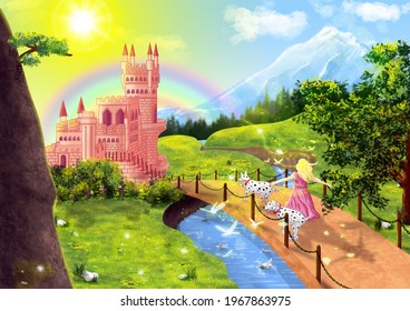 The little girl with two Dalmatian dogs walking over the bridge towards the magic castle. Cartoon background scene.