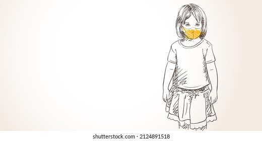 Little Girl In Yellow Face Mask For Coronavirus Prevention, Child Standing Calm And Looking Straight Portrait, Covid-19 Pandemic Quarantine Hand Drawn Illustration Sketch Banner Template