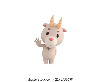 Little Goat Character Raising Right Hand In 3d Rendering.