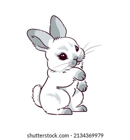little gray rabbit, fluffy white bunny, symbol of happy easter, hand drawn illustration isolated on white background in delicate colors, cartoon style, rabbit portrait, easter bunny.