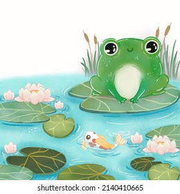 Little Green Frog On The Lotus Leaf, Lake, Fish, Swimming Under Water 