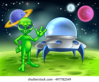 A little green man alien cartoon character waving in front of his flying saucer space ship on a planet or moon