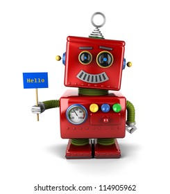 Little Happy Vintage Toy Robot Holding A Hello Sign Over White Background