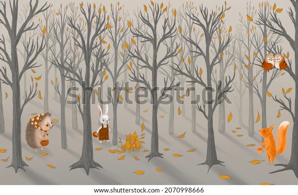 Little hare, squirrel, hedgehog, owls in the autumn forest. Watercolor illustration-Fairy forest. Children's interior Wallpaper. Mural for the walls. Wallpapers for the room, interior