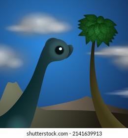 A little herbivorous dinosaur lokking at a coconut palm or maybe an ancient tree. Digital illustration