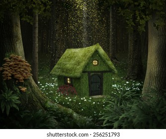 little house of moss in an enchanted forest