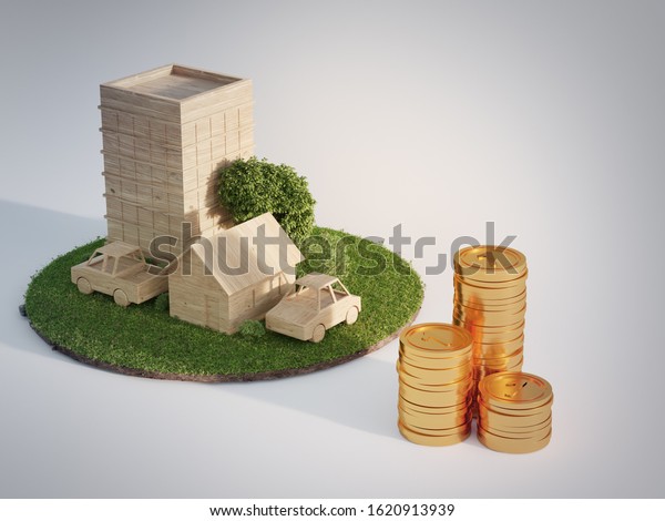 Little house\
with small car on earth and green grass in real estate sale or\
property investment concept. Buying land for new home. 3d\
illustration of big coins near wooden\
toy.