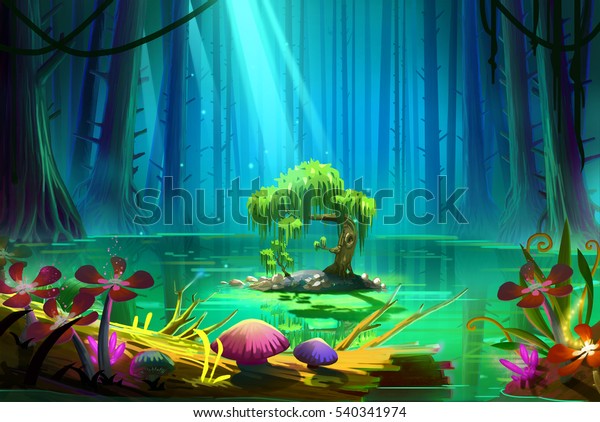 深い森の中の湖の真ん中の小さな島 ビデオゲームのデジタルcgアートワーク コンセプトイラスト リアルな漫画スタイルの背景 のイラスト素材