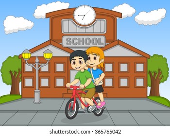 Little Kids Riding A Bicycle In Front Of Their School Cartoon