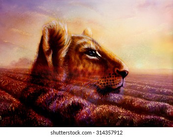 Little Lion Cub Head On Purple Lavender Fields. Animal Painting And Violet Flowers On Sunset