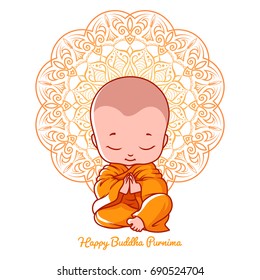 Little meditating monk. Greeting card for Buddha birthday. Cartoon illustration isolated on a white background.