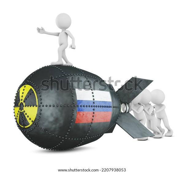 Little men are pushing a nuclear bomb with the\
image of the Russian flag. 3d\
render.