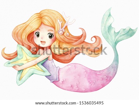 Little Mermaid character cartoon watercolor illustration, Orange hair, Pink green tail, She hugged a starfish pillow, isolated on white texture watercolor paper.