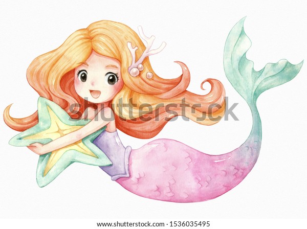 Little Mermaid Character Cartoon Watercolor Illustration Royalty