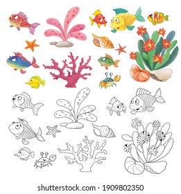 The little mermaid. Fairy tale. Coloring page. Illustration for children. Cute and funny cartoon characters isolated on white background