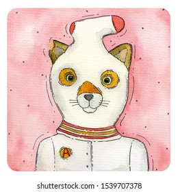 Little playful fox    Watercolor hand drawn illustration cute fox in white mask who plays bandits game the pink background 