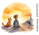 The Little Prince and the Fox Watching the Sunset on the Beach: Watercolor Illustration for Book Cover