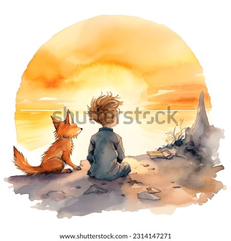 The Little Prince and the Fox Watching the Sunset on the Beach: Watercolor Illustration for Book Cover 商業照片 © 