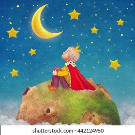 The Little Prince  on a planet  in beautiful night sky ,illustration art