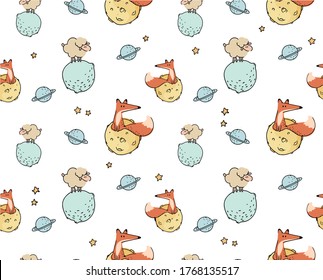 Little prince pattern seamless fox and sheep galaxies