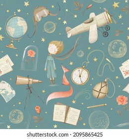 The little prince seamless pattern. Dark blue background. Aviation and travel. Stock illustration. Cute cartoon style.