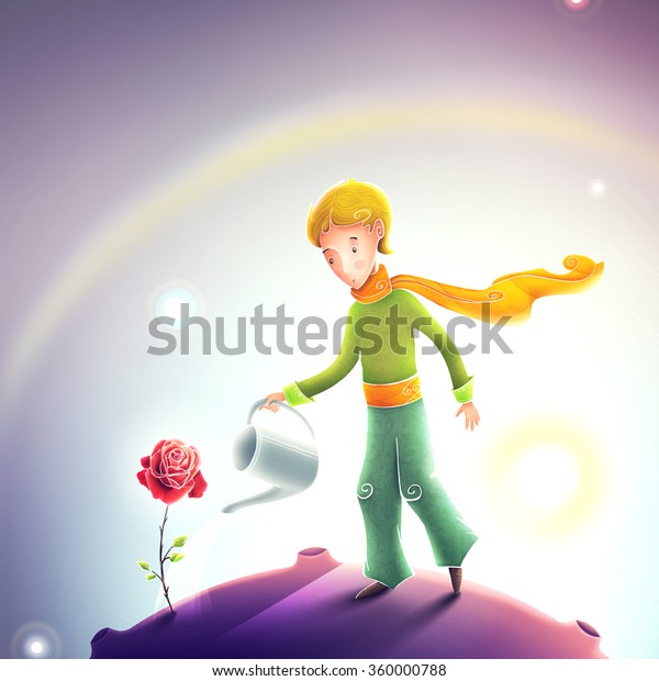 バラに水をやる小さな王子 ル プティ プリンス イラスト 小さな小惑星の惑星にオレンジのスカーフを持つかわいい王子 美しい宇宙と星が少年の後ろにある のイラスト素材