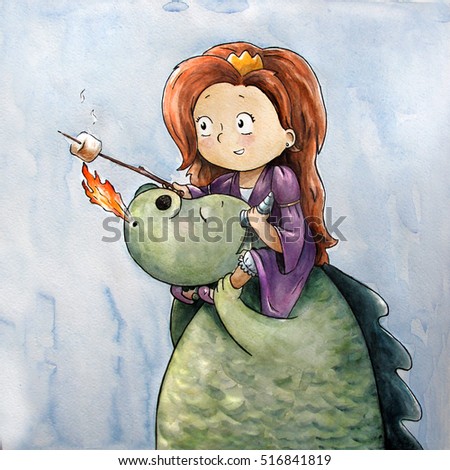 little princess with dragon roasting marshmallow. watercolor children's fairy tale illustration. perfect design for postcards, t-shirts, cups, invitations and apparel
