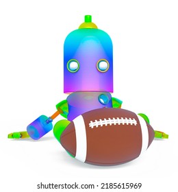 little rainbow robot is playing american football, 3d illustration