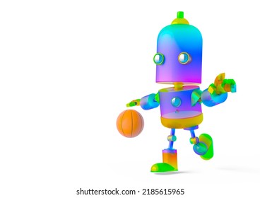 little rainbow robot is playing basketball with copy space, 3d illustration