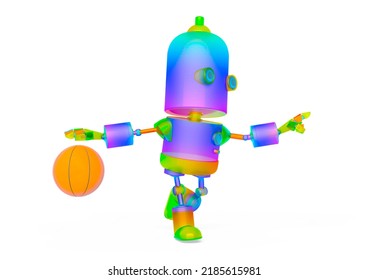 little rainbow robot is playing basketball, 3d illustration