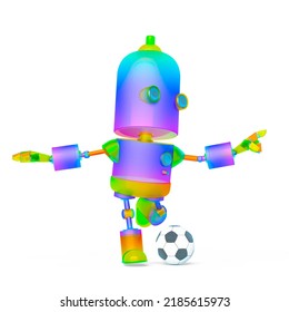 little rainbow robot is playing football, 3d illustration