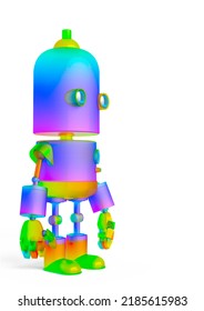 little rainbow robot is standing up on side view, 3d illustration