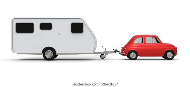 Little red car with caravan vacation traveling on white background 3D rendering