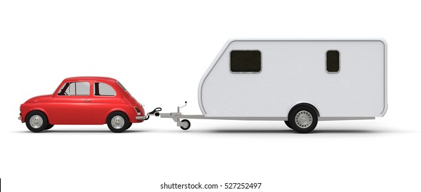 Little red car with caravan vacation traveling on white background 3D rendering