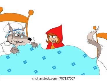 Little Red Riding Hood Questioning The Ferocious Wolf Disguised As Her Grandmother